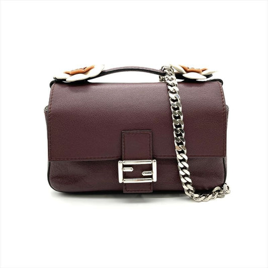 Fendi Double Micro Baguette Shoulder Bag Leather 8m0371 Bordeaux Silver