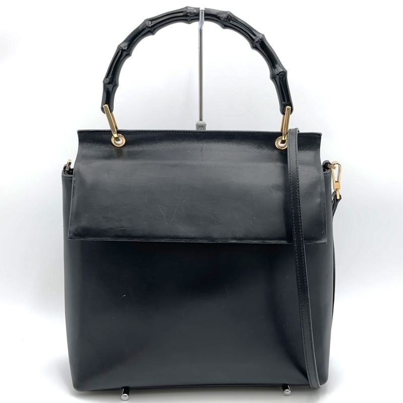 Gucci 001 1998 Handbag Bamboo 2WAY Leather Gold Hardware Black Ladies Formal