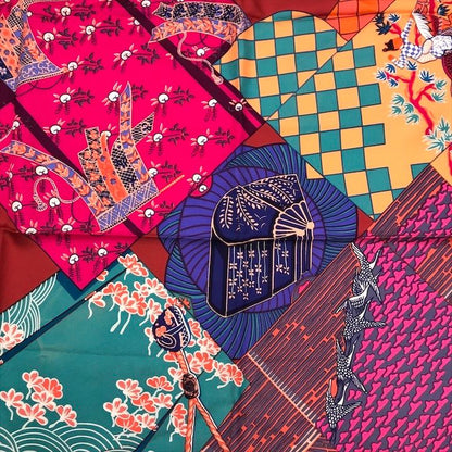 Hermes Carre 90 Scarf Silk 100% Kimono and Inro Red