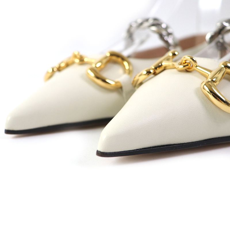 Gucci 621161 Leather Horsebit Pointed Toe Flat Pumps With Chain Ivory Gold And