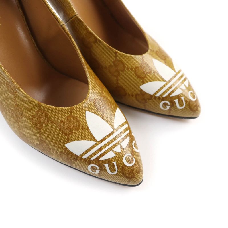 Gucci Adidas 702221 GG Crystal Logo Design Pointed Toe Leather Pumps Brown 37