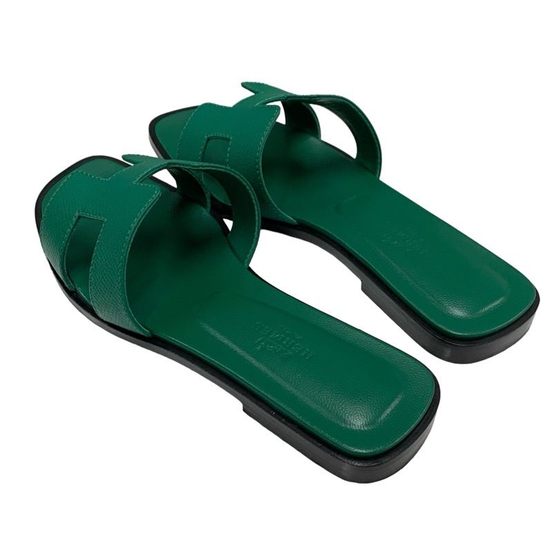 Hermes Oran Sandals Shoes Leather Green Flat Sandals Mules