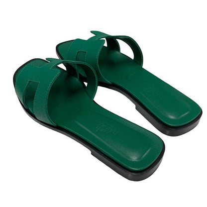 Hermes Oran Sandals Shoes Leather Green Flat Sandals Mules