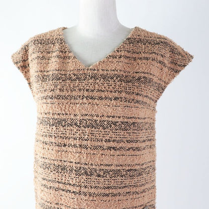 CHANEL P57978 French Sleeve Tweed Dress With Coco Mark Plate Beige Black 34