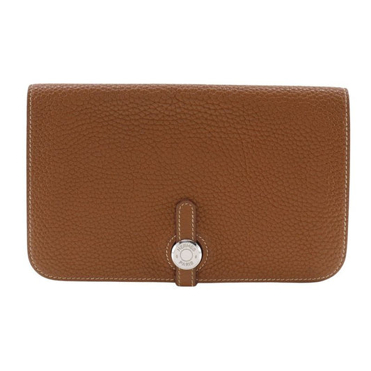Hermes Dogon GM Taurillon Clemence Gold Brown □J Unisex Long Wallet