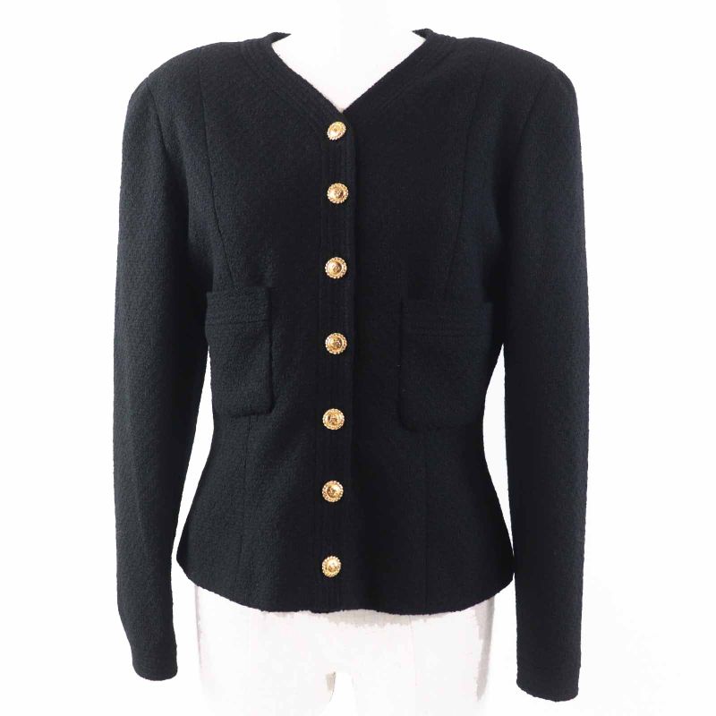 CHANEL Vintage Wool 100% Silk Lining No Collar With Coco Mark Gold Buttons