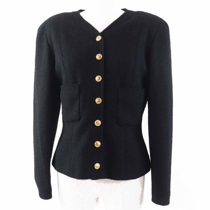 CHANEL Vintage Wool 100% Silk Lining No Collar With Coco Mark Gold Buttons