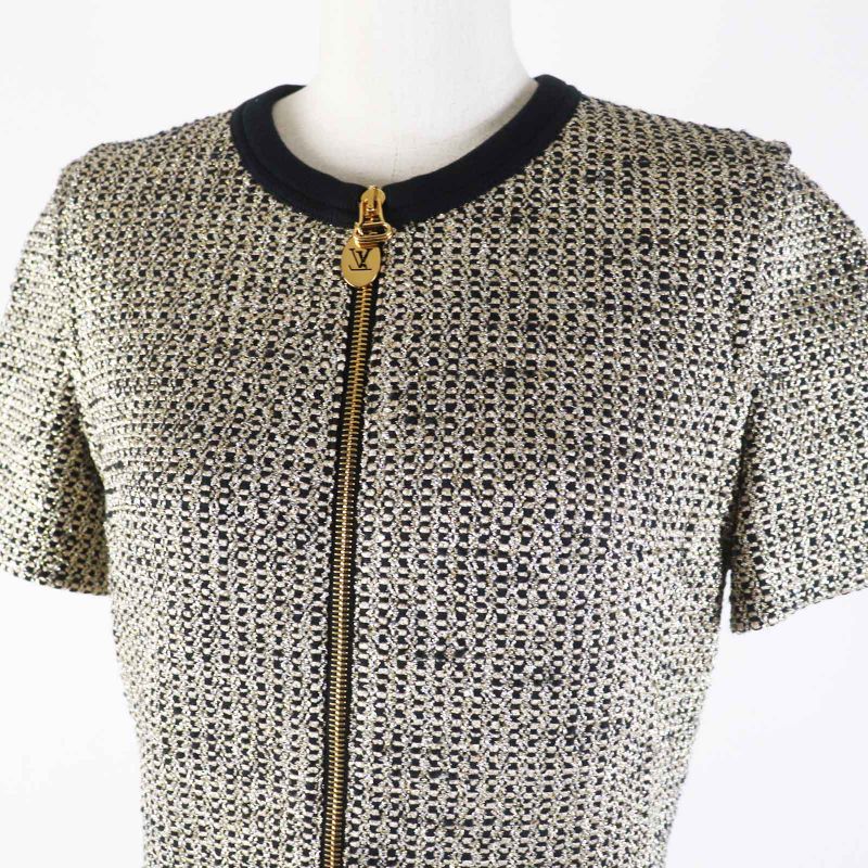 Louis Vuitton 23SS 1aayvw Zip Up Lurex Tweed Dress/short Sleeve Dress Black