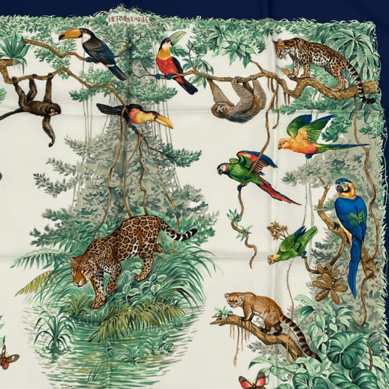 Hermes Scarf Carre 90 Equateur Equatorial Animals Birds All Over Silk Blue