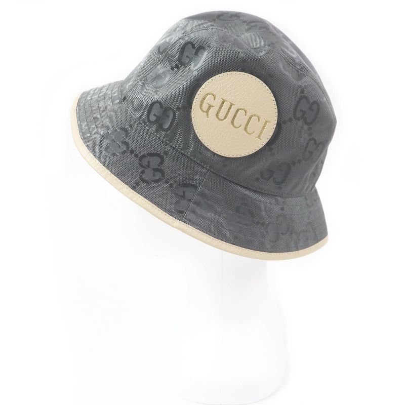 Gucci 627115 Off The Grid GG Logo Leather Piping Bucket Hat Gray S/57cm