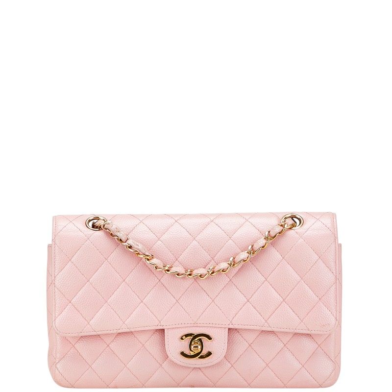 Chanel Coco Mark Matelasse 25 Double Flap Chain Shoulder Bag Pink Caviar Skin