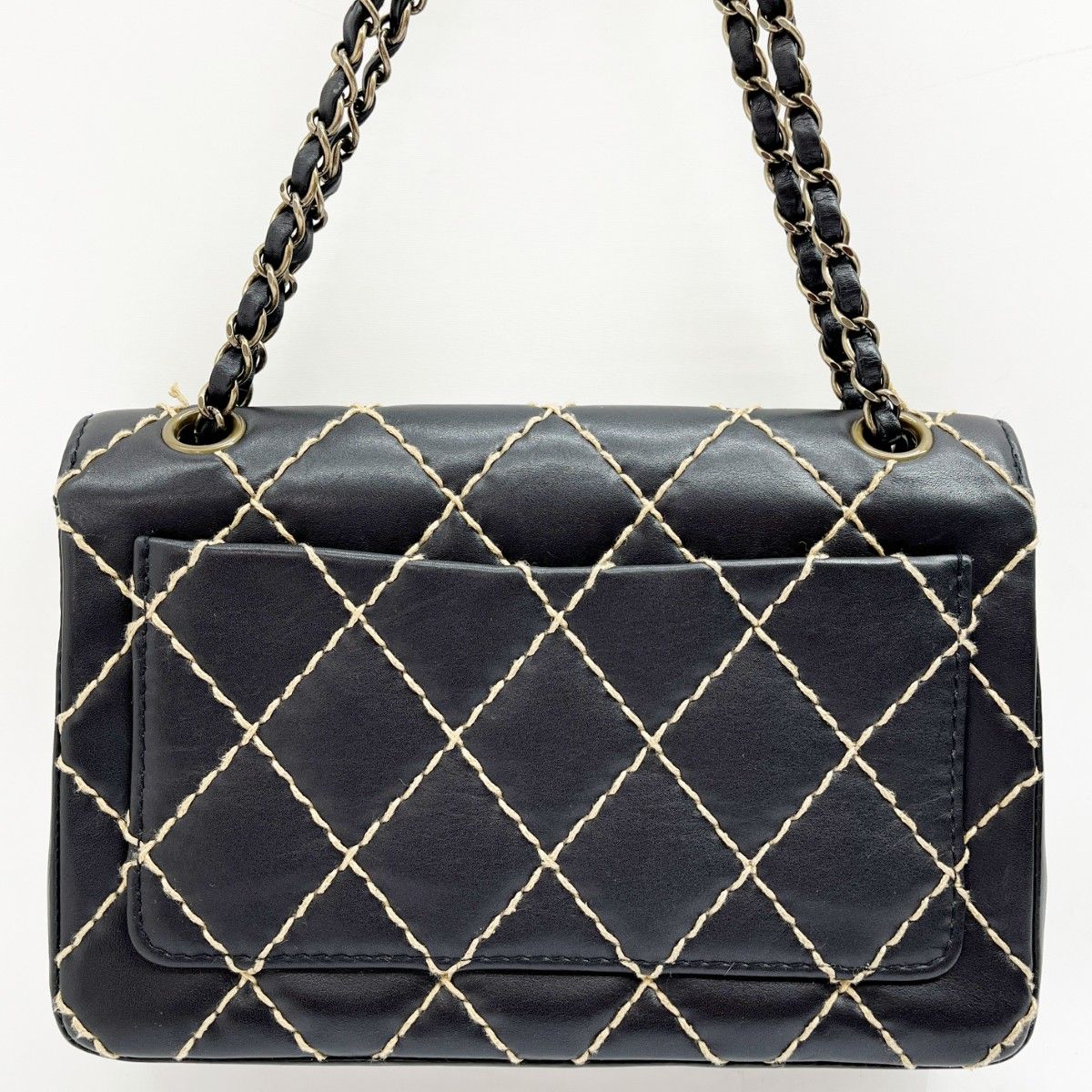 Chanel Matelasse Wild Stitch Shoulder Bag W Chain Black X Ivory