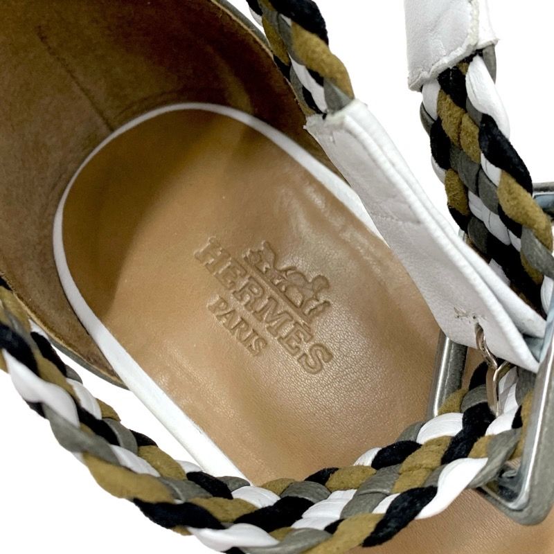 Hermes Sandals Shoes Leather Suede Khaki White Black Braided Wedge Sole