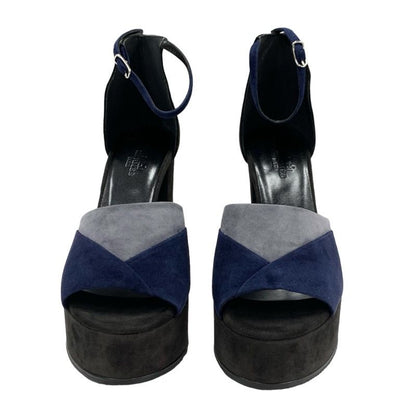 Hermes Sandals Shoes Suede Navy Black Gray Ankle Strap
