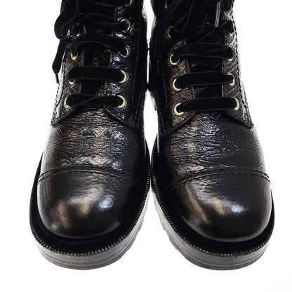 Chanel 21a Cocomer Cles Lace-Up Boots with Pearls G35154 X56195 Black 38