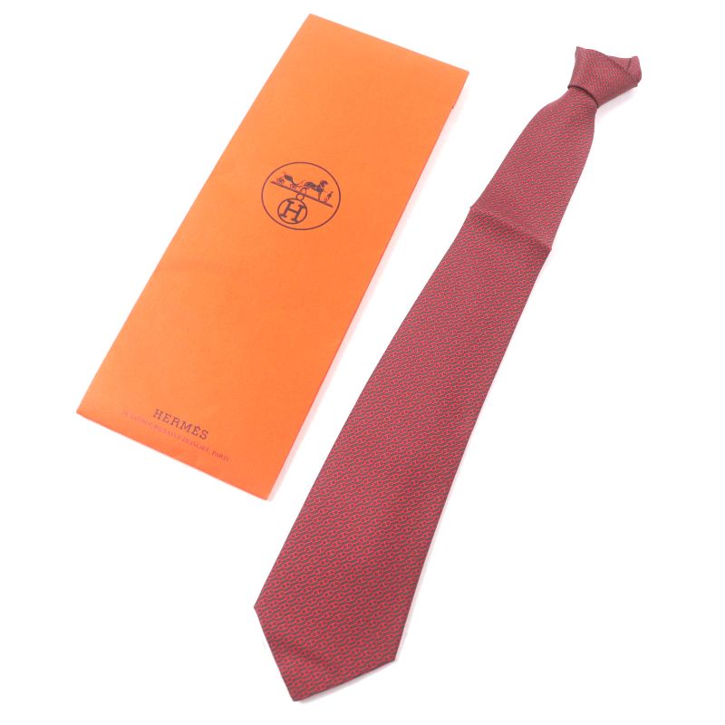 Hermes 5261 100% Silk Anthracite/rouge Cravat Chaine D'ancre Patterned Tie