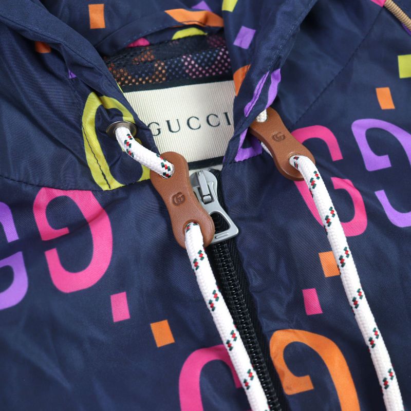 Gucci 697621 Jumbo GG Leather Part Hooded Double Zip Nylon Jacket Multicolor 48