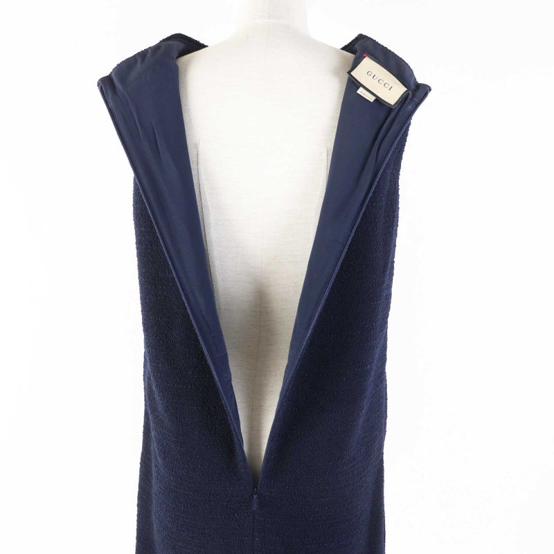 Gucci 652725 Wool With Horsebit Monochrome Tweed Sleeveless Dress Navy Gold