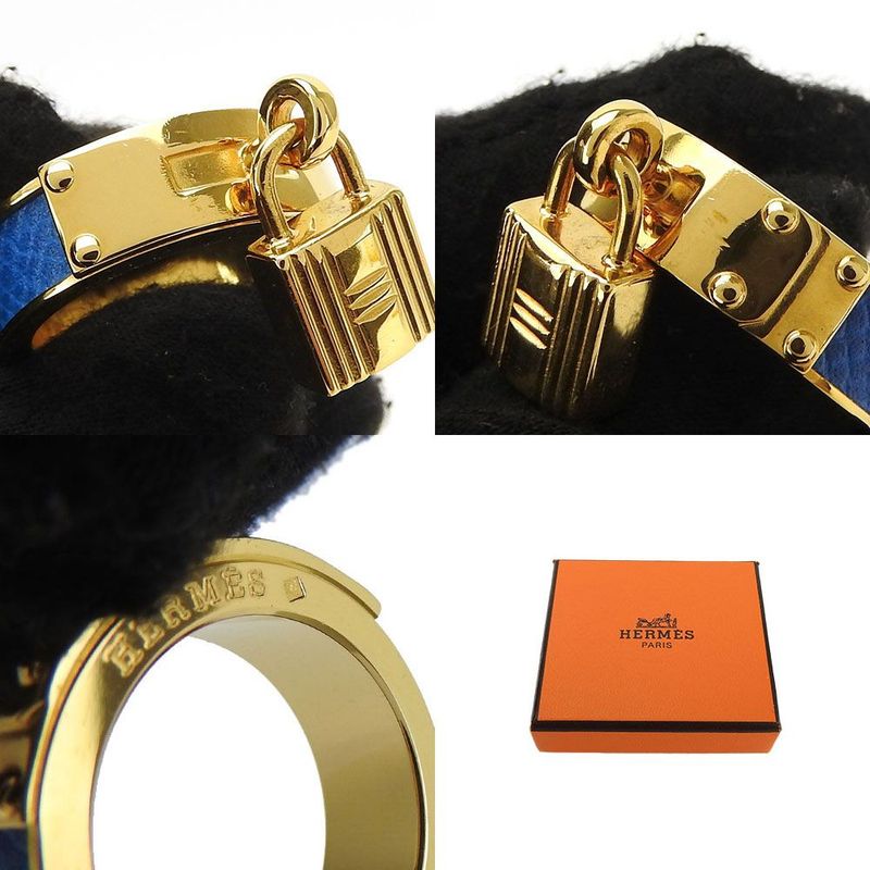 Hermes Scarf Ring Kelly Cadenas Motif Plated GP Leather Gold Blue Accessory
