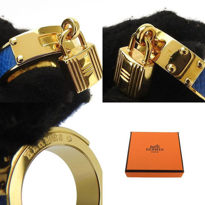 Hermes Scarf Ring Kelly Cadenas Motif Plated GP Leather Gold Blue Accessory