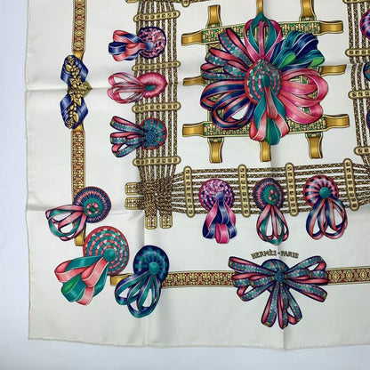 Hermes Scarf Carre 90 LES Rubans DU Cheval Horse Ribbon Silk White