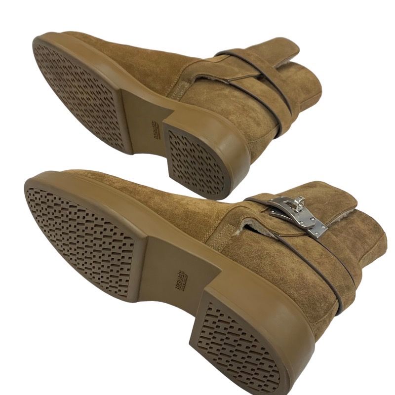 Hermes Veo Boots Short Boots Shoes Suede Shearling Brown Silver Shearling Boots