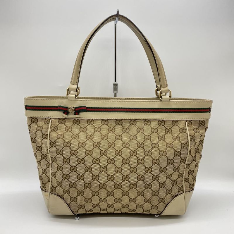 Gucci 257061 Tote Handbag GG Canvas Sherry Leather Beige Ladies Men Vintage