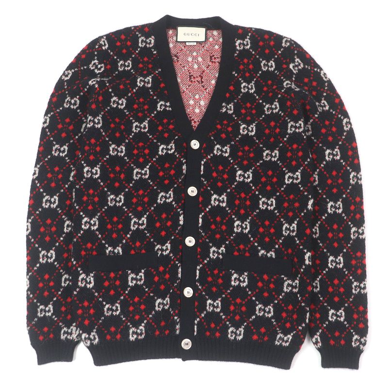 Gucci 543497 Alpaca-blend GG Diamond Argyle Knit Cardigan Sweater Black S Made