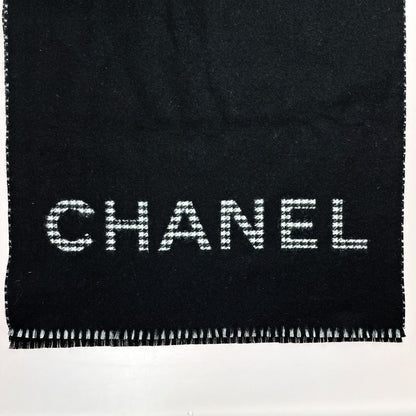 Chanel Stole Black Gingham Check Wool X Cashmere Women's