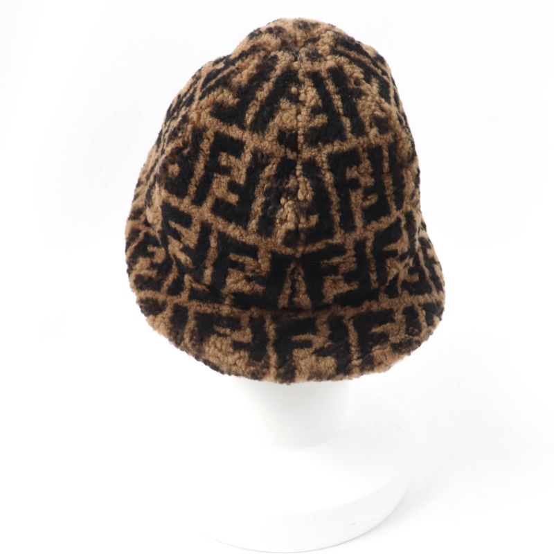 Fendi Fxq632 100% Silk Lined FF Logo Zucca Pattern Mouton Hat Brown Black M