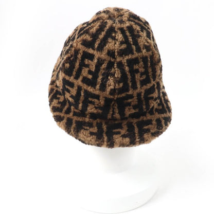 Fendi Fxq632 100% Silk Lined FF Logo Zucca Pattern Mouton Hat Brown Black M