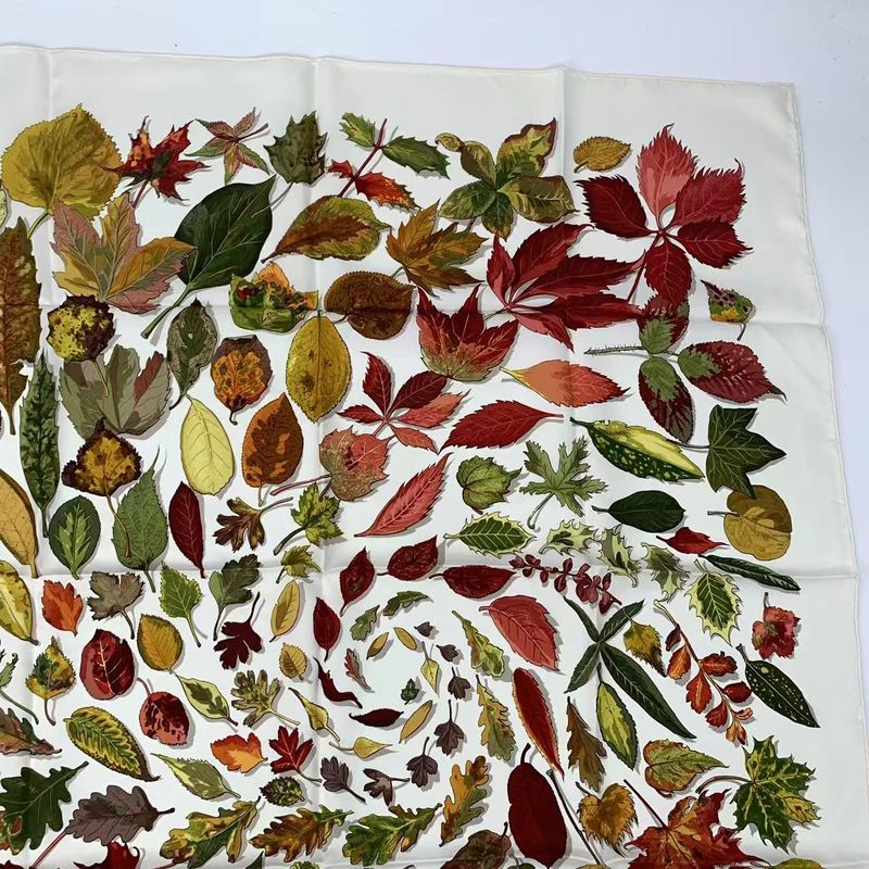 Hermes Carre 90 Tourbillon Falling Leaves Swirl Scarf Silk White