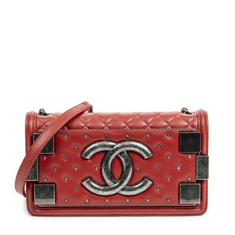 Chanel Studded Horizontal Boy Brick Flap Red Matelasse Lambskin Leather A