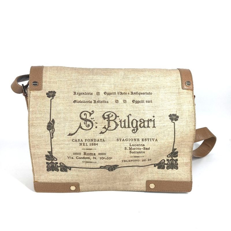 Bvlgari Bulgari Shoulder Bag Logo Leather / Coated Canvas Beige