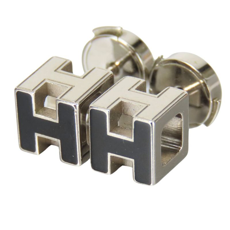 Hermes Earrings Cage De Assches H Cube Metal Black Silver Plated Accessories
