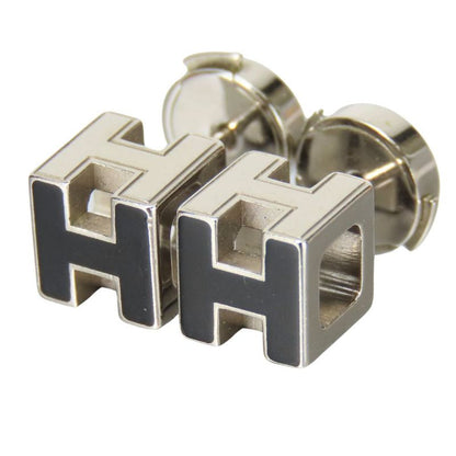 Hermes Earrings Cage De Assches H Cube Metal Black Silver Plated Accessories