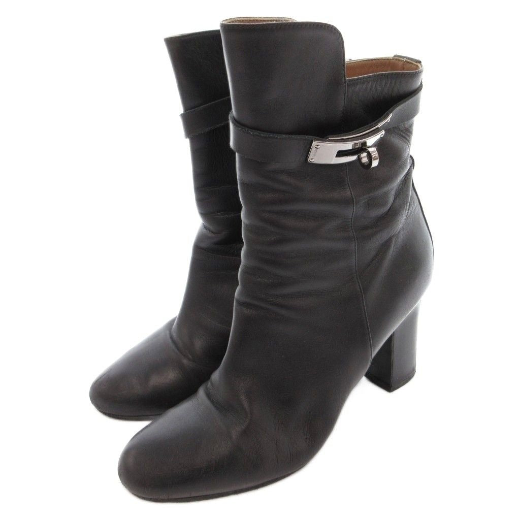 Hermes Saint Germain Kelly Short Boots Leather Side Zip 38.5 Black YJ