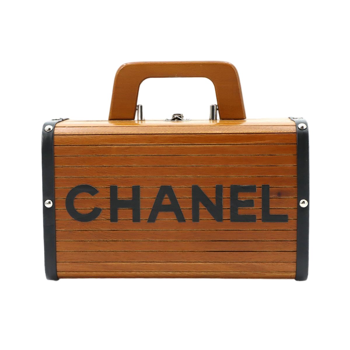Chanel Wood Vanity Hand Bag Leather Brown Black Silver Vintage