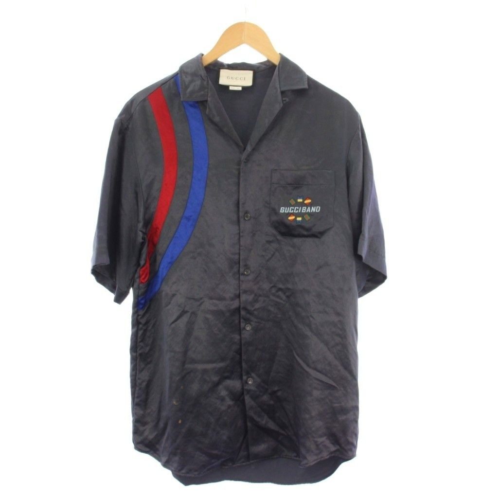 Gucci Bowling Shirt 44 Navy Open Collar Short Sleeve Embroidery YM