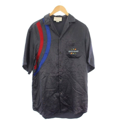 Gucci Bowling Shirt 44 Navy Open Collar Short Sleeve Embroidery YM