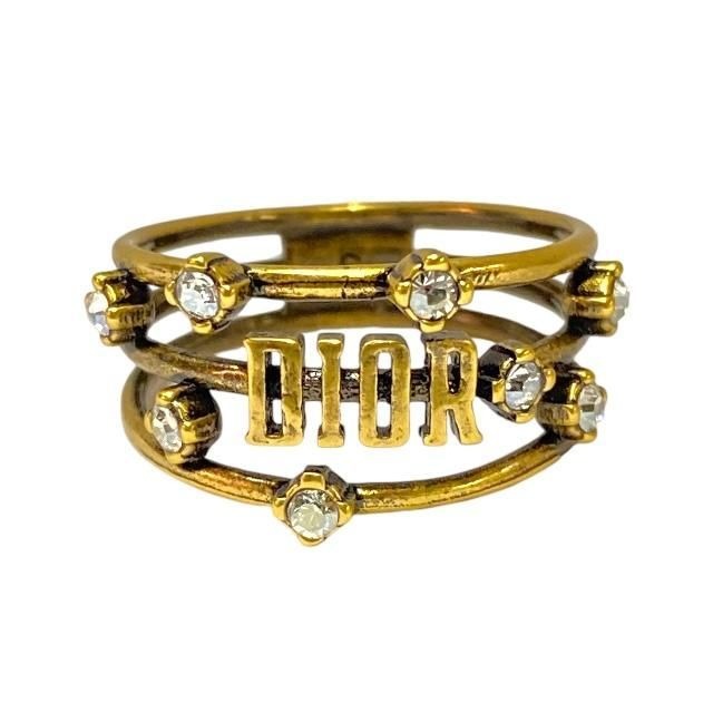 Christian Dior Ja Ring Double Finger Logo GP Rhinestone Gold 9 Size