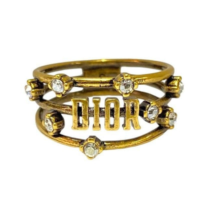 Christian Dior Ja Ring Double Finger Logo GP Rhinestone Gold 9 Size