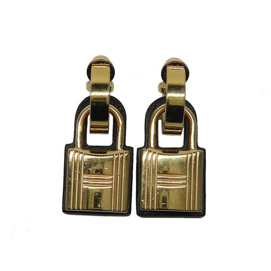 Hermes O-kelly Earrings GP Cadena Gold Black Leather Z Carved