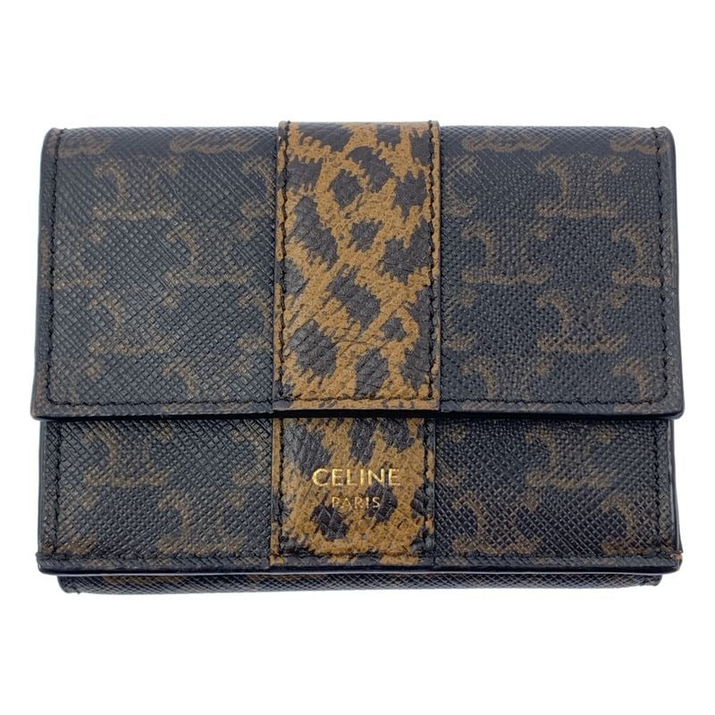 Celine Leather Triomphe Leopard Compact Wallet Dark Brown