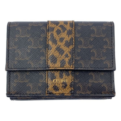 Celine Leather Triomphe Leopard Compact Wallet Dark Brown