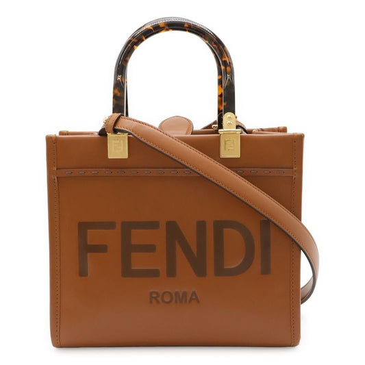 Fendi Sunshine Small Handbag 2-Way Shoulder Bag Leather Brown Gold Hardware
