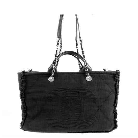 Chanel Large Shopping Black Silver Canvas Leather 2-Way Tote Shoulder Bag