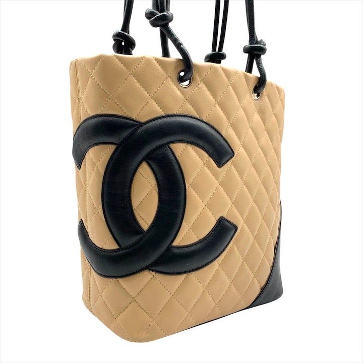 Chanel Cambon Quilted Leather CC Logo Hand Bag Beige Black Bag