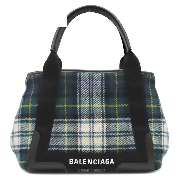 Balenciaga Tote Bag Navy Cabas S Wool Leather Green White Silver Plaid Logo