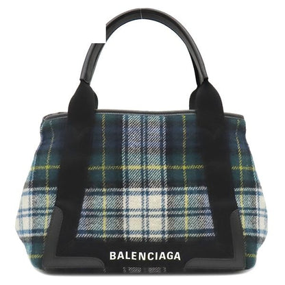 Balenciaga Tote Bag Navy Cabas S Wool Leather Green White Silver Plaid Logo